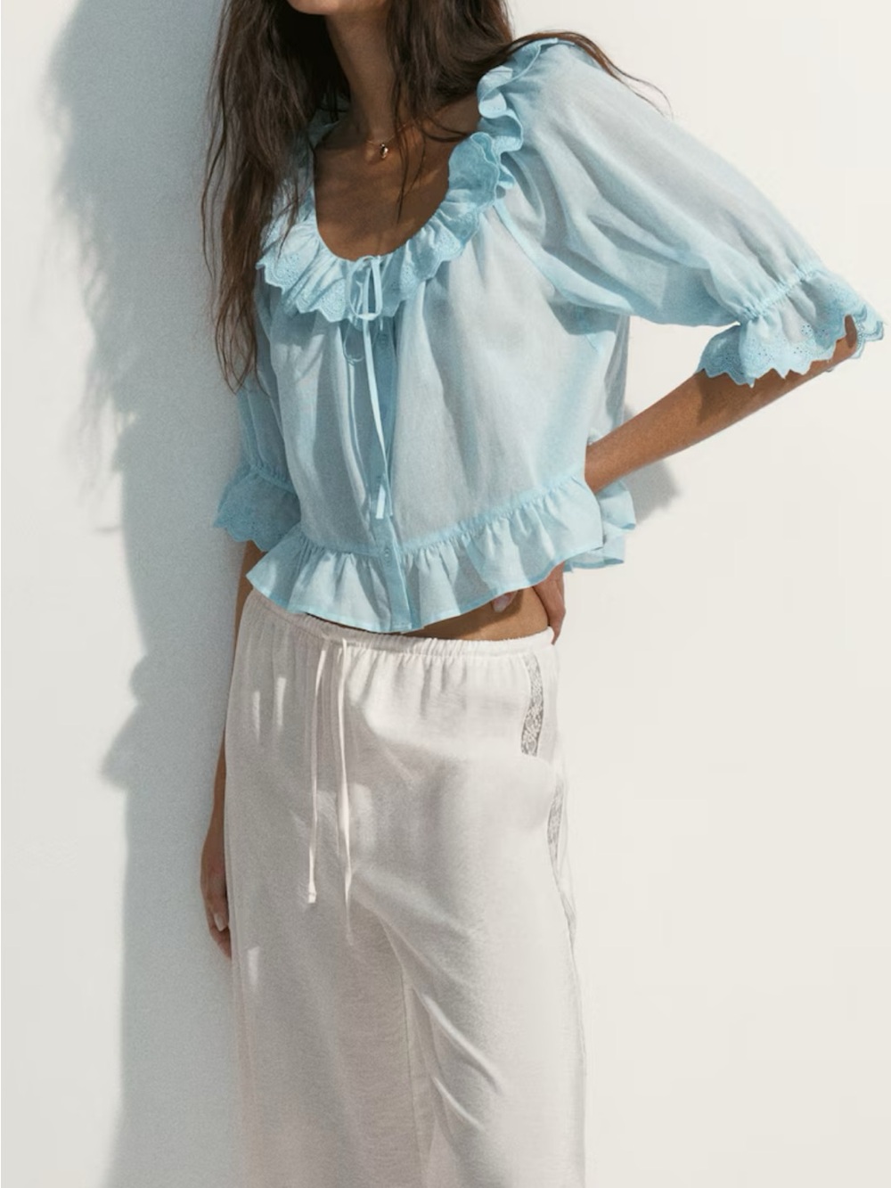 H&M Light Blue Ruffle Tie-Front Peasant Top